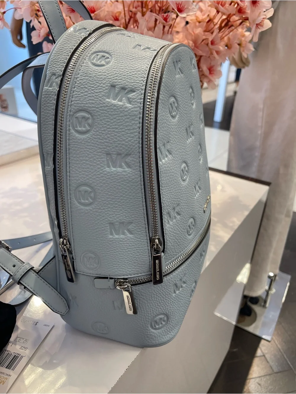Michael Kors Rhea Medium Zip MK Logo Debossed Backpack Pale Ocean  NWT